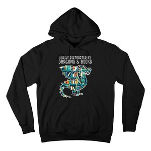 Easily Distracted By Dragons Books Funny Reading Bookworm Hoodie