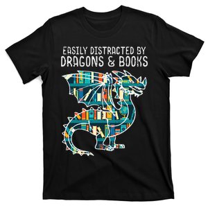 Easily Distracted By Dragons Books Funny Reading Bookworm T-Shirt