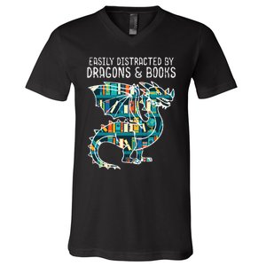 Easily Distracted By Dragons Books Funny Reading Bookworm V-Neck T-Shirt