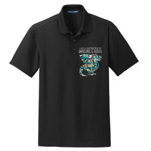 Easily Distracted By Dragons Books Funny Reading Bookworm Dry Zone Grid Polo