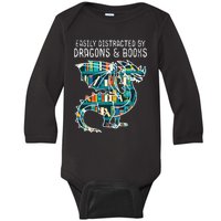 Easily Distracted By Dragons Books Funny Reading Bookworm Baby Long Sleeve Bodysuit