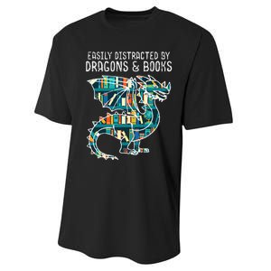 Easily Distracted By Dragons Books Funny Reading Bookworm Performance Sprint T-Shirt