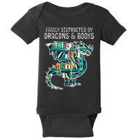 Easily Distracted By Dragons Books Funny Reading Bookworm Baby Bodysuit