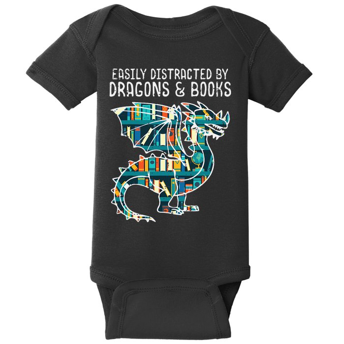 Easily Distracted By Dragons Books Funny Reading Bookworm Baby Bodysuit