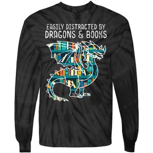 Easily Distracted By Dragons Books Funny Reading Bookworm Tie-Dye Long Sleeve Shirt