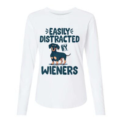 Easily Distracted By Wieners | Funny Dackel Dachshund Womens Cotton Relaxed Long Sleeve T-Shirt