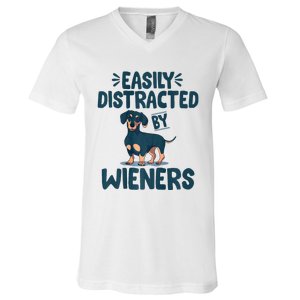 Easily Distracted By Wieners | Funny Dackel Dachshund V-Neck T-Shirt