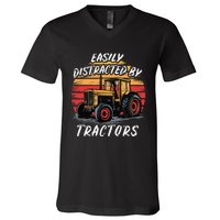 Easily Distracted By Tractors Fun Farmer & Farming Gift V-Neck T-Shirt