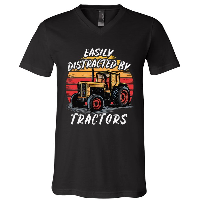 Easily Distracted By Tractors Fun Farmer & Farming Gift V-Neck T-Shirt