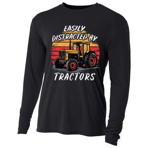 Easily Distracted By Tractors Fun Farmer & Farming Gift Cooling Performance Long Sleeve Crew