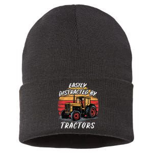 Easily Distracted By Tractors Fun Farmer & Farming Gift Sustainable Knit Beanie