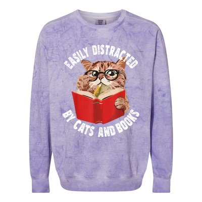 Easily Distracted By Cats And Books Funny Cat & Book Lover Colorblast Crewneck Sweatshirt