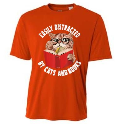 Easily Distracted By Cats And Books Funny Cat & Book Lover Cooling Performance Crew T-Shirt