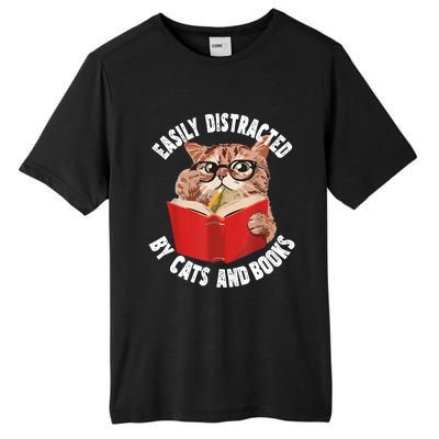 Easily Distracted By Cats And Books Funny Cat & Book Lover Tall Fusion ChromaSoft Performance T-Shirt