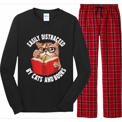 Easily Distracted By Cats And Books Funny Cat & Book Lover Long Sleeve Pajama Set