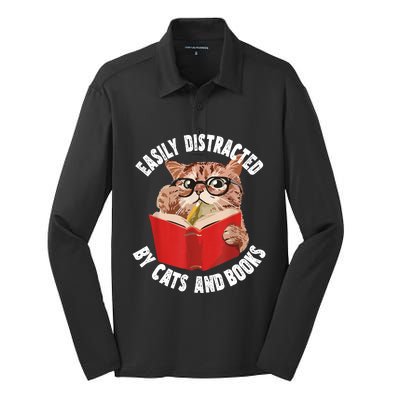 Easily Distracted By Cats And Books Funny Cat & Book Lover Silk Touch Performance Long Sleeve Polo