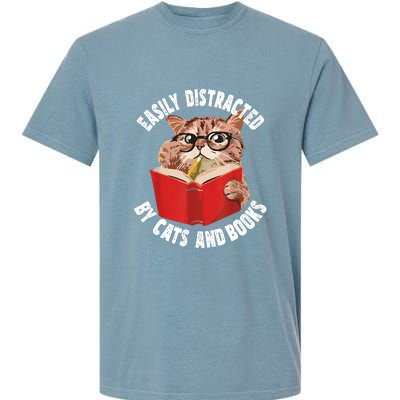 Easily Distracted By Cats And Books Funny Cat & Book Lover Garment-Dyed Heavyweight T-Shirt