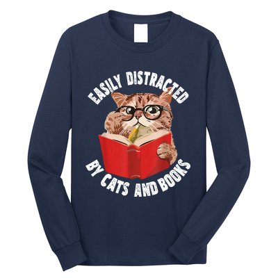 Easily Distracted By Cats And Books Funny Cat & Book Lover Long Sleeve Shirt