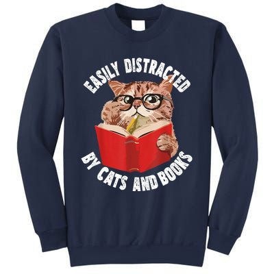 Easily Distracted By Cats And Books Funny Cat & Book Lover Sweatshirt