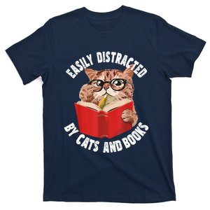 Easily Distracted By Cats And Books Funny Cat & Book Lover T-Shirt