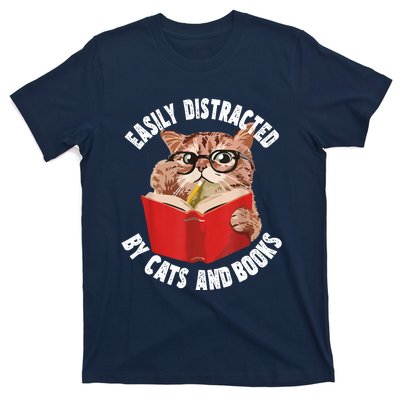 Easily Distracted By Cats And Books Funny Cat & Book Lover T-Shirt