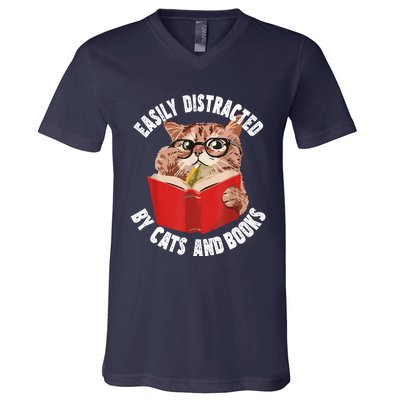 Easily Distracted By Cats And Books Funny Cat & Book Lover V-Neck T-Shirt