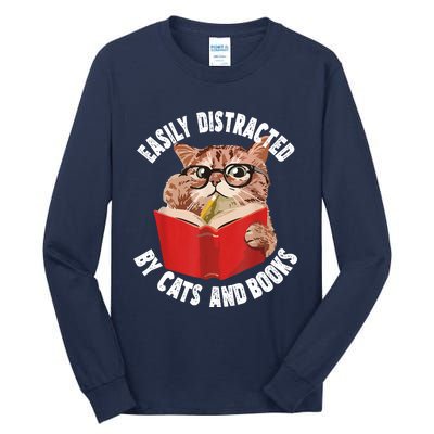 Easily Distracted By Cats And Books Funny Cat & Book Lover Tall Long Sleeve T-Shirt