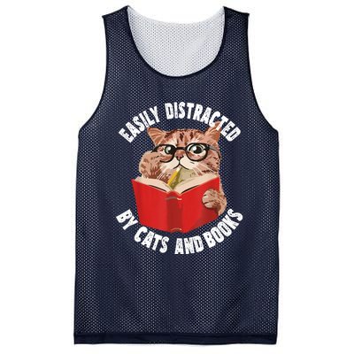 Easily Distracted By Cats And Books Funny Cat & Book Lover Mesh Reversible Basketball Jersey Tank