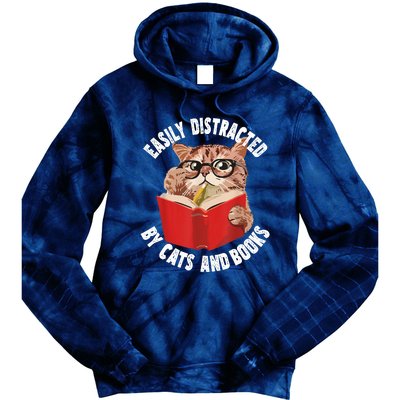 Easily Distracted By Cats And Books Funny Cat & Book Lover Tie Dye Hoodie