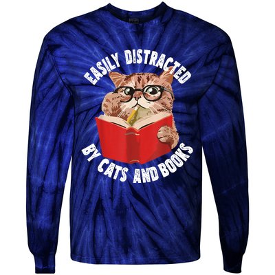 Easily Distracted By Cats And Books Funny Cat & Book Lover Tie-Dye Long Sleeve Shirt