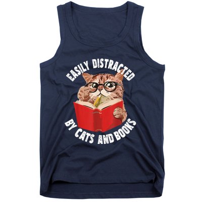 Easily Distracted By Cats And Books Funny Cat & Book Lover Tank Top