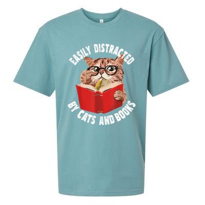 Easily Distracted By Cats And Books Funny Cat & Book Lover Sueded Cloud Jersey T-Shirt