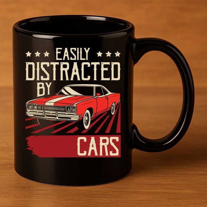 Easily Distracted By Cars Classic Muscle Car Guy Car Lover 11oz C Handle Ceramic Mug