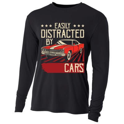 Easily Distracted By Cars Classic Muscle Car Guy Car Lover Cooling Performance Long Sleeve Crew