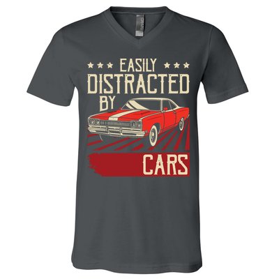 Easily Distracted By Cars Classic Muscle Car Guy Car Lover V-Neck T-Shirt