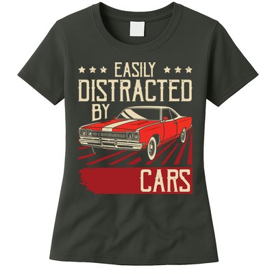 Easily Distracted By Cars Classic Muscle Car Guy Car Lover Womens T-Shirt