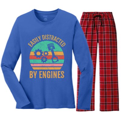 Easily Distracted By Engines Retro Mechanic Funny Sayings Meaningful Gift Women's Long Sleeve Flannel Pajama Set 