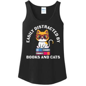 Easily Distracted By Books And Cats Humor Ladies Essential Tank