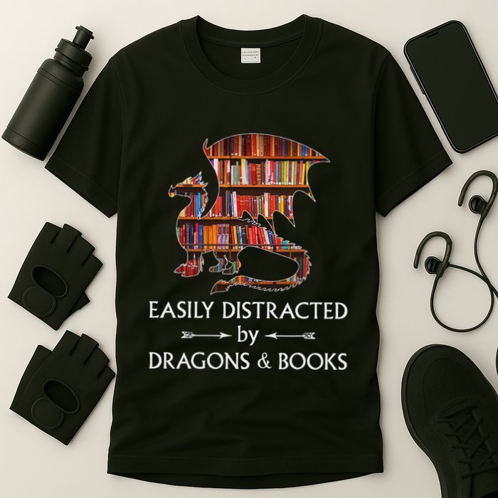 Easily Distracted By Dragons And Books Book & Dragon T-Shirt