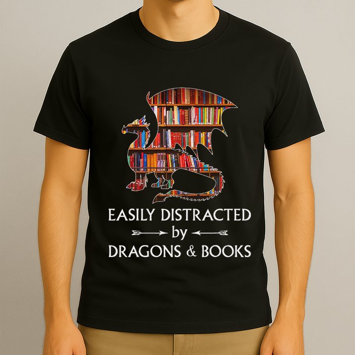 Easily Distracted By Dragons And Books Book & Dragon T-Shirt