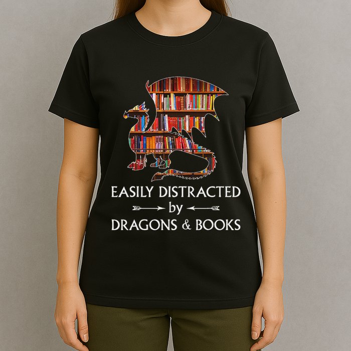 Easily Distracted By Dragons And Books Book & Dragon T-Shirt