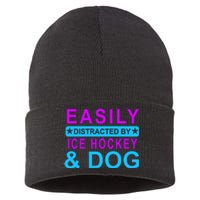 Easily Distracted By Ice Hockey And Dog Sustainable Knit Beanie