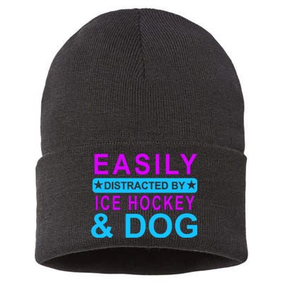 Easily Distracted By Ice Hockey And Dog Sustainable Knit Beanie