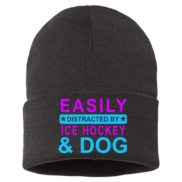 Easily Distracted By Ice Hockey And Dog Sustainable Knit Beanie