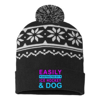 Easily Distracted By Ice Hockey And Dog USA-Made Snowflake Beanie