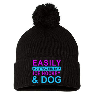 Easily Distracted By Ice Hockey And Dog Pom Pom 12in Knit Beanie