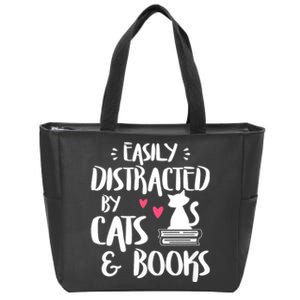 Easily Distracted By Cats And Books Cat & Book Lover Zip Tote Bag