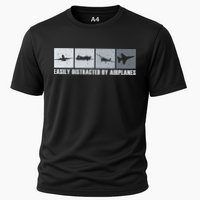 Easily Distracted By Airplanes Aviation Pilot Airplane Cool Gift Cooling Performance Crew T-Shirt