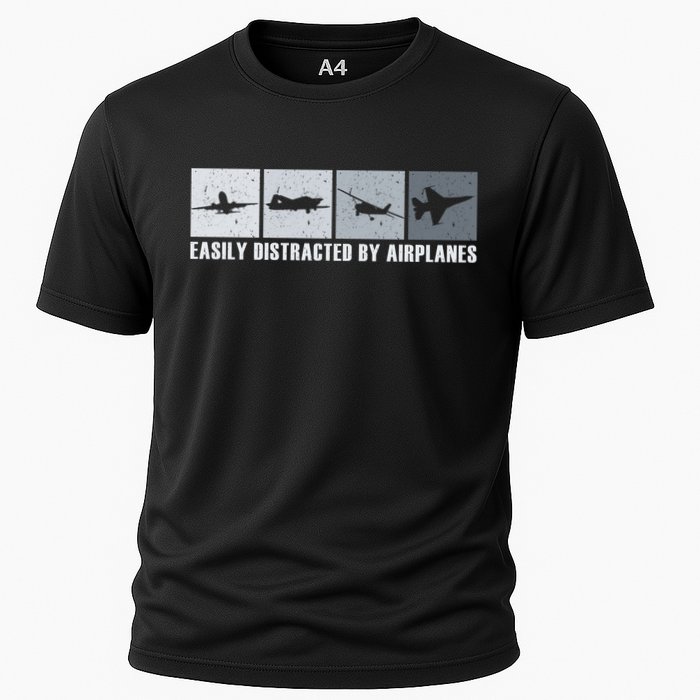 Easily Distracted By Airplanes Aviation Pilot Airplane Cool Gift Cooling Performance Crew T-Shirt