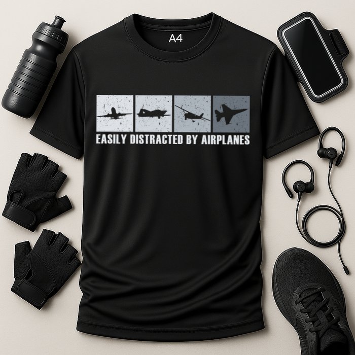 Easily Distracted By Airplanes Aviation Pilot Airplane Cool Gift Cooling Performance Crew T-Shirt
